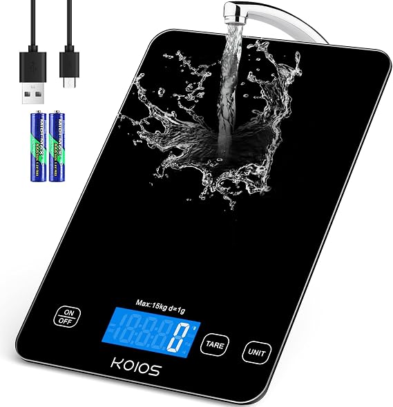 KOIOS 33lb Kitchen Scale 0.1oz Precision,Batteries & Type-C Charging(Black) | Compact Food Scale with 5 Units & Tare Function, LCD Backlit Display, Easy to Clean, Ideal for Cooking Baking & liquids