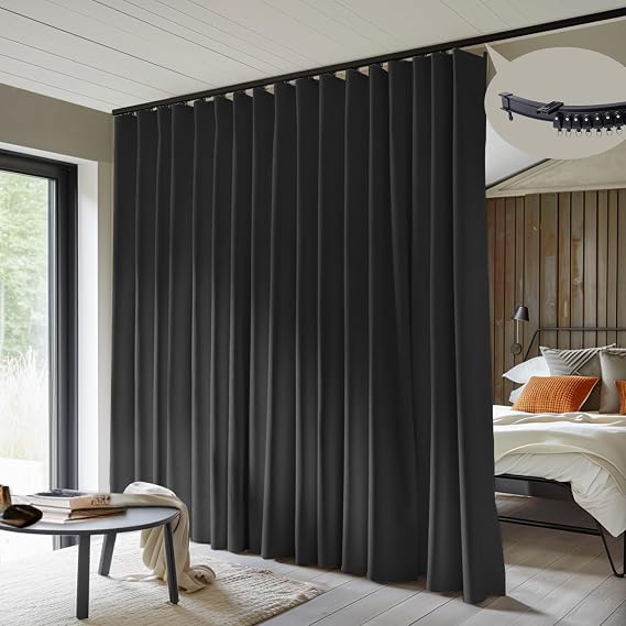 MaKefeile Room Divider Curtains with Flexible Ceiling Curtain Tracks Set,100% Blackout Floor to Ceiling Curtains Patio Sliding Door Curtains (Black Drape & Black Rail W 8.3 H 8 FT)