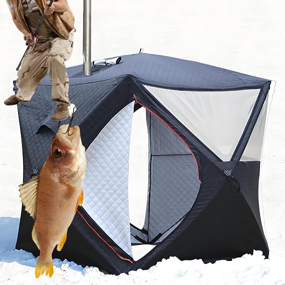 Insulated Ice Fishing Tent 3-4 Person with Stove Jack/Ice Fishing Mat, Thermal Dual-Layer Ice Shanty, 2-Way Zipper Doors, 3 TPU Large Windows, Foldable Sauna Tent for Camping & Ice Fishing