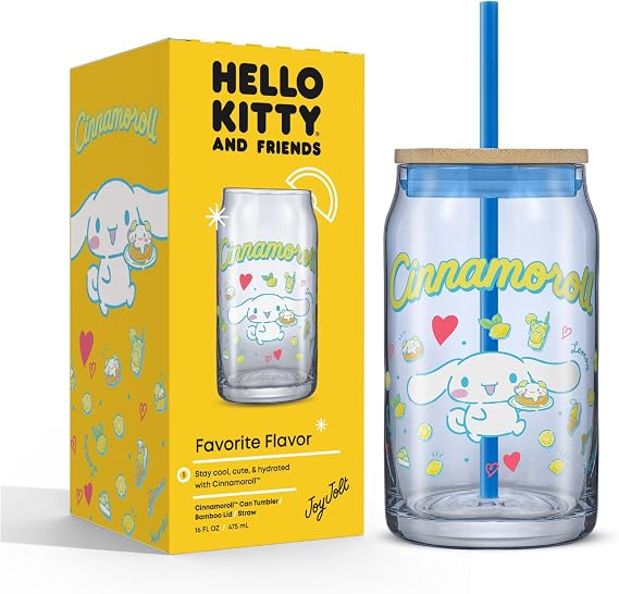 JoyJolt Sanrio Hello Kitty and Friends Favorite Flavor Glass Tumbler with Bamboo Lid and Straw, Leakproof 16oz Clear Soda Can Shaped Cup featuring Cinnamoroll, Hello Kitty Merch
