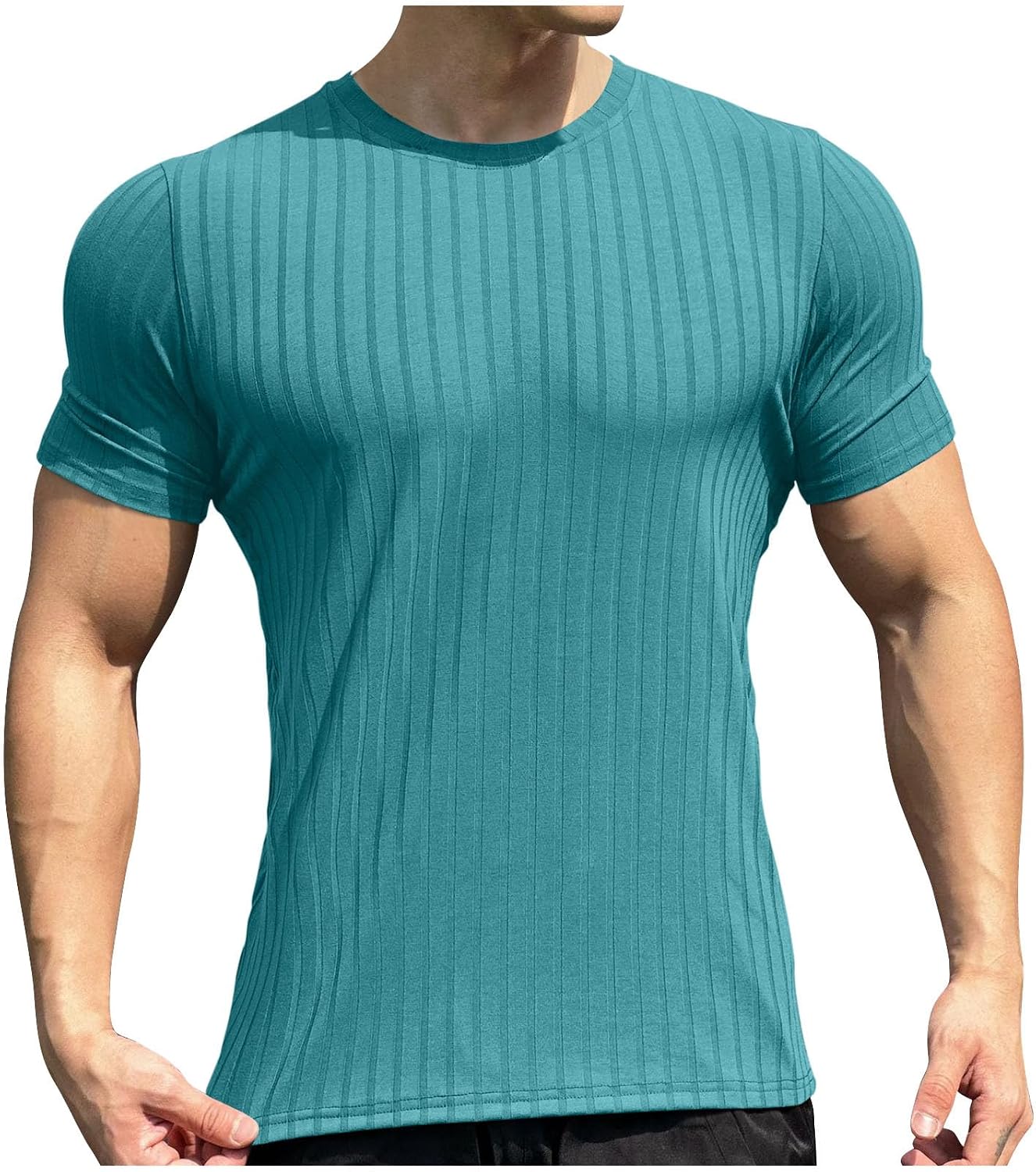 Muscle Workout T Shirts Mens Short Sleeve Tshirts Round Neck Textured Tops Summer Casual Tees Slim Fit Gym Shirt