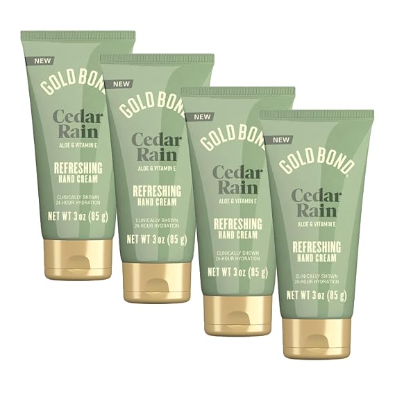 Gold Bond Hand Cream With Aloe Vera, Refreshing Cedar Rain, 3 oz., 4 Pack | 24hr Hydrating Hand Cream, Refreshing Cedar Rain Scent, Travel Size, Gift Set