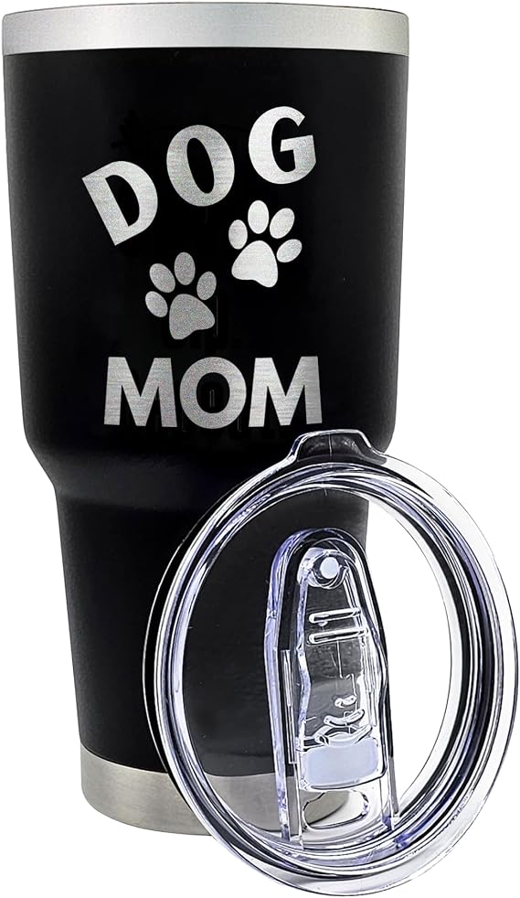 Palm City Products Dog Mom Tumbler 30 oz Black - Engraved Stainless Steel Dog Lover Coffee Cup - Vacuum Sealed Pet Mom Drinkware - Dog Owner Travel Mug - Dog Mom Gift Ideas