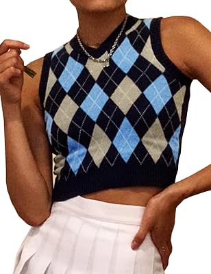 Women Argyle Preppy Style Sweater Vest Sleeveless V Neck Knitwear Knit Tank Top
