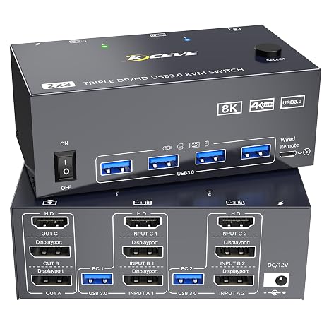 8K KVM Switch 3 Monitors 2 Computers 8K@60Hz 4K@144Hz,3 Monitors KVM Switch for 2 Computers Sharing Triple Monitors,Keyboard,Mouse,Printer with 2*USB3.0 Cables,Power Adapter and Controller