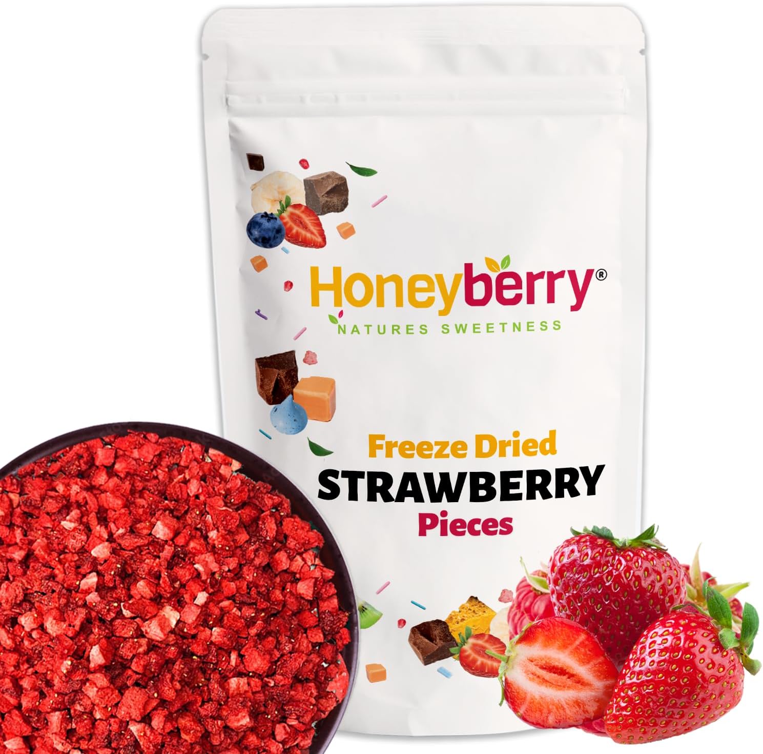 Freeze Dried Strawberry Pieces 50g - Premium Freeze-Dried Fruit Bits - 100% Natural, No Added Sugar or Preservatives Raw Dry Strawberries for Baking, Cake Decoration, Porridge Oats, Ice Cream Topping
