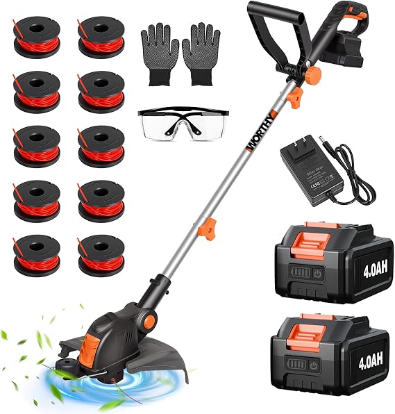 Electric Weed Wacker Cordless String Trimmer Battery Powered Weed Whacker | 21V Grass Trimmer 2 x 4.0Ah Batteries with Charger - 12 Inch User Friendly Lawn Edger Small Yards for Gardeners