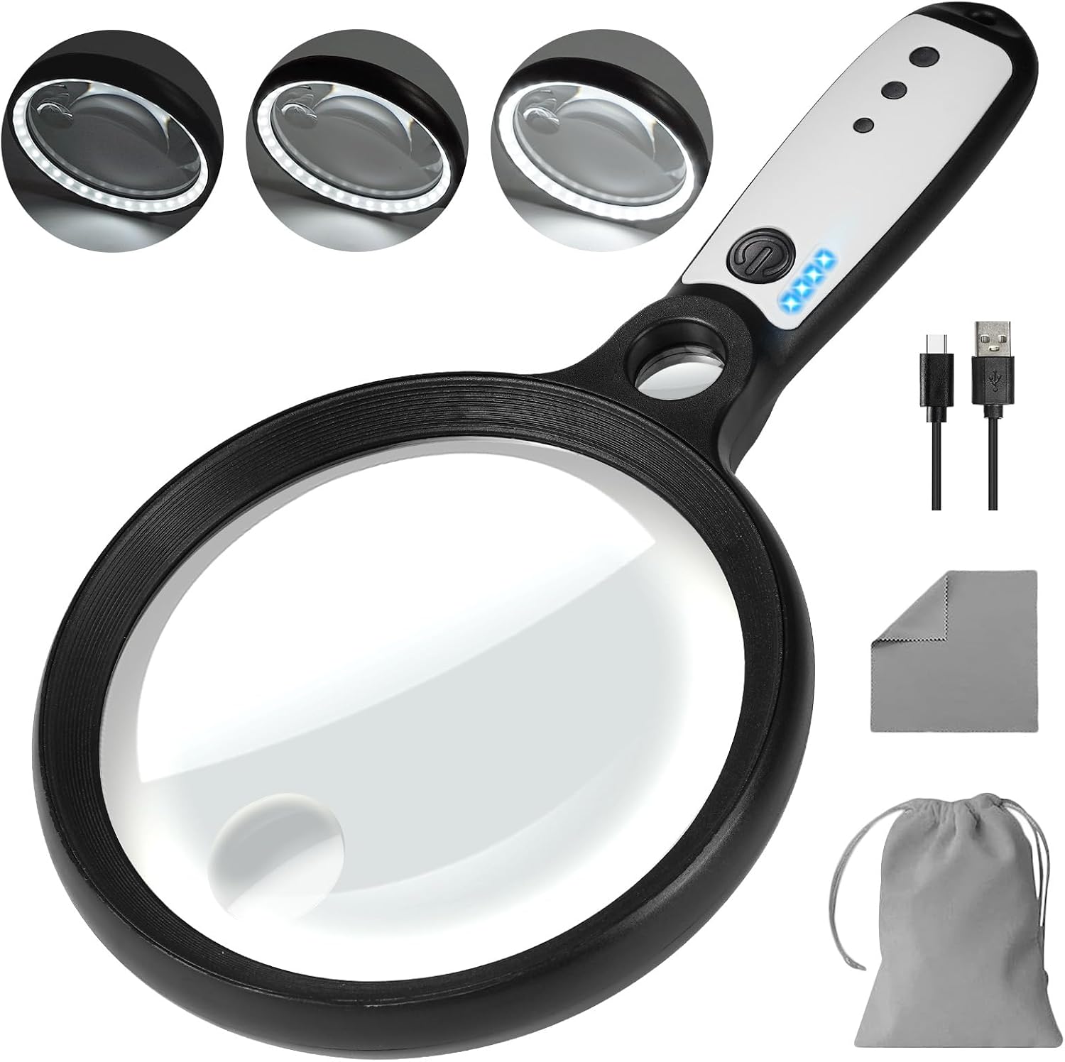 Large Magnifying Glass with 37 LED Light, 10X 20X 45X Handheld Illuminated Lighted Magnifier with 3 Light Modes Rechargeable Magnifying Glass for Seniors Reading, Inspection (Black & White)