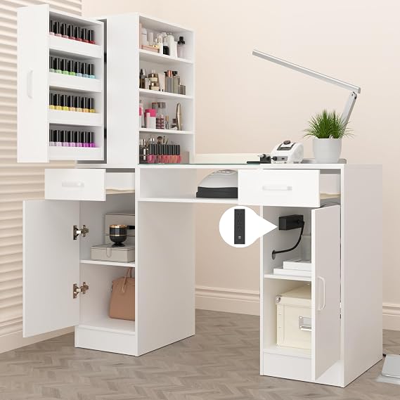 Manicure Table Nail Desk for Nail Tech with Glass Top & Wrist Rest,Nail Desk Station with Power Outlets,Shelves, Storage Cabinets, Drawers,Beauty Salon Workstation(White)