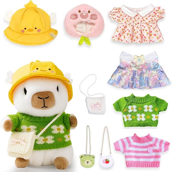 White Capybara Plush Toy 25.9 cm with 9 Clothing and Accessories - Super Soft Stuffed Toy - Suitable for Children, Girls and Boys