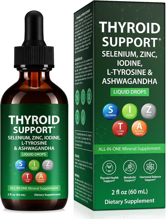 Thyroid Support Liquid Drops, High Absorption with Iodine, Selenium, Zinc, Ashwagandha & L-Tyrosine, Natural Ingredients, Vegan Non-GMO for Men & Women, 2 Fl Oz