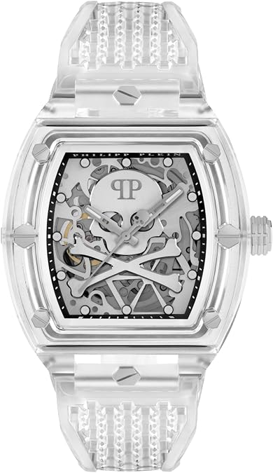 Philipp Plein The $keleton Crystal Collection Luxury Mens Watch Timepieces with a Transparent Strap and Case Featuring a Silver Dial