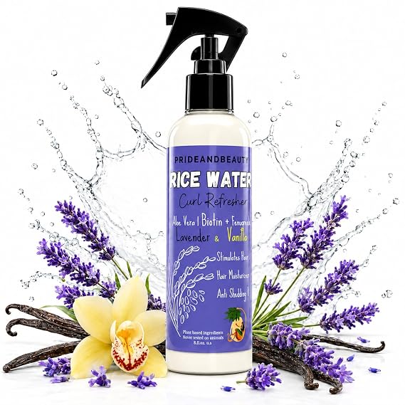 PrideandBeauty Rice Water Hair Growth Spray 4oz Fermented Treatment with Biotin & Caffeine Lavender Vanilla Hair & Scalp Mist for Men & Women Vegan, Non-Greasy