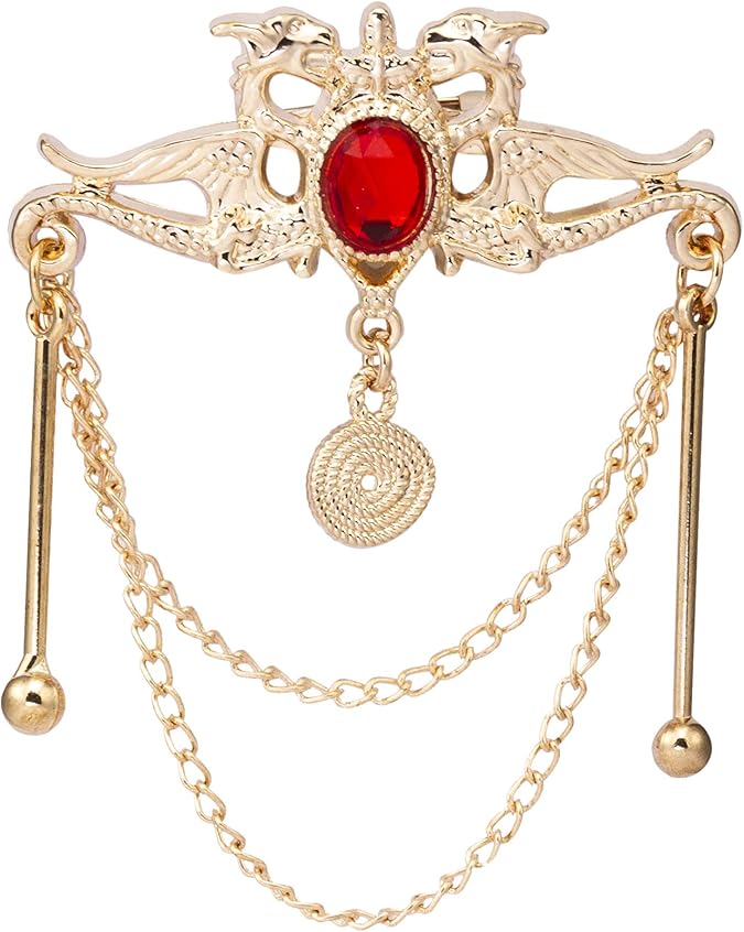 Knighthood Gold Dragon With Red Stone and Hanging Chain Metal Lapel Pin Brooch for Men