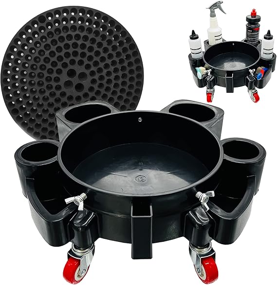 Car Wash Bucket Dolly, 5 Gallon Bucket Grit Trap, Removable Rolling Bucket Dolly with Side Organizer for Storing Spray Bottles and Detailing Kits, Suitable for Workshop Car Washing