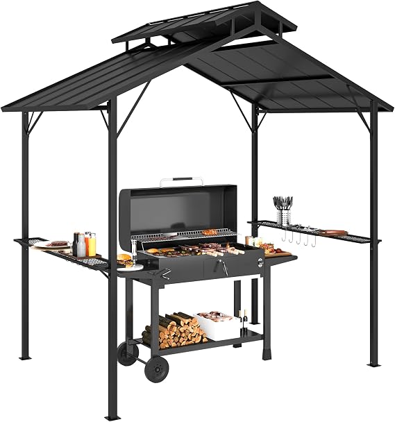 Outsunny 8' x 5' Hardtop Grill Gazebo Double Metal Roof, 2 Side Shelves | BBQ Gazebo, 10 Hooks, Grill Canopy, Patio Backyard Lawn Deck