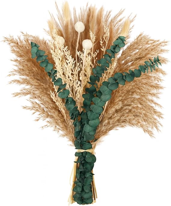 Musunny Dried Pampas Grass Decor ,17" Dried Flowers for Vase, Boho Dried Flower Bouquet with Eucalyptus for Farmhouse Home Room Office Decor