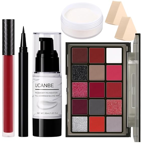 UCANBE Halloween Makeup Kit 15-Color Red Eyeshadow Palette, White Liquid Foundation, Red Liquid Lipstick, Black Eyeliner, Setting Powder & Sponges Makeup Set for SFX Cosplay Costume Clown Vampire