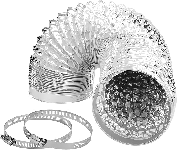 4 Inch 3 FT Flexible Dryer Vent Hose, 6-Ply Aluminum Foil Dryer Vent Kit with 2 Clamps for HVAC Ventilation Silver PVC