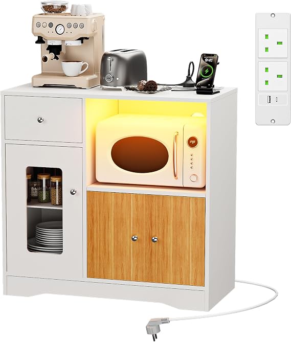 Kitchen Sideboard with Power Socket, White Buffet Cabinet with Drawer & Adjustable Shelf, Open Compartment, RGB Lighting Kitchen Storage Cupboard for Living Room Hallway, 83 x 40 x 80 cm