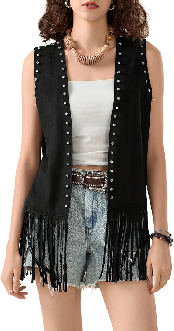 Women's Denim Tassel Jacket Vintage Lapel Long Sleeve Fringe Cropped Hippie Motor Biker Cardigan Outwears