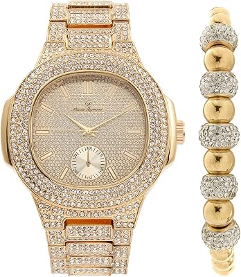 Charles Raymond Bling-ed Out Oblong Case Metal Mens Gold Watch wMatching Bling-ed Out Gold Shamballa Jewelry Bracelet Set - 8475GSham