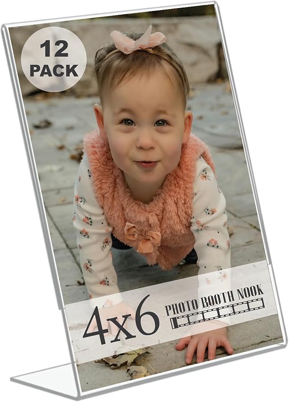 4x6 Acrylic Picture Frames - Clear Vertical, 12 Pack | Double-sided clear acrylic slanted base. Holds 4x6 photos, signs, menus. Bulk plastic picture frame holder stand for events.