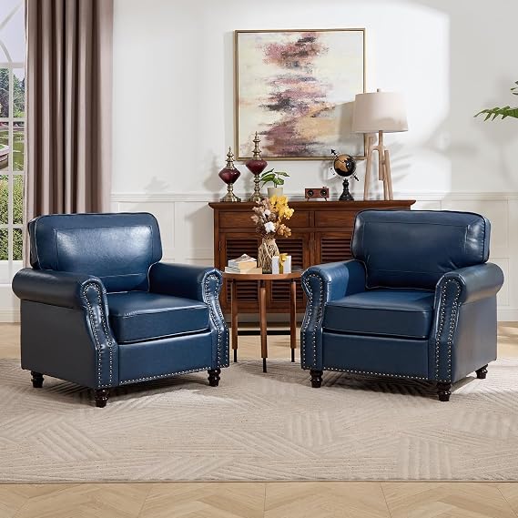 Faux Leather Accent Chair for Living Room Set of 2, Modern Upholstered Reading Chair with Padded Arms, Comfy Armchair for Bedroom, Office & Small Spaces, Blue