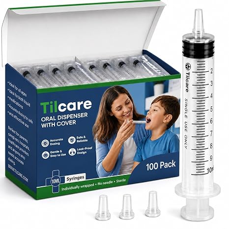 10ml Oral Dispenser Syringe with Cover 100 Pack by Tilcare - Sterile Plastic Medicine Droppers for Children, Pets & Adults Latex-Free Medication Syringe - Syringes for Glue and Epoxy