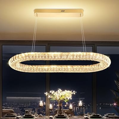 IDEQUY Oval Crystal Chandelier, 40 Gold Crystal Ring Pendant Light for Kitchen Island Modern Linear Oval Chandeliers for Dining Room Dimmable 3000K-6000K