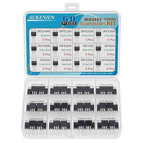 AUKENIEN Mosfet Transistor Kit 12 Values 60pcs IRFZ44N IRF510N IRF520N IRF530N IRF540N IRF640N IRF740 IRF820 IRF830 IRF840IRF3205IRF9540N TO-220 IRF Mosfet Power Transistors