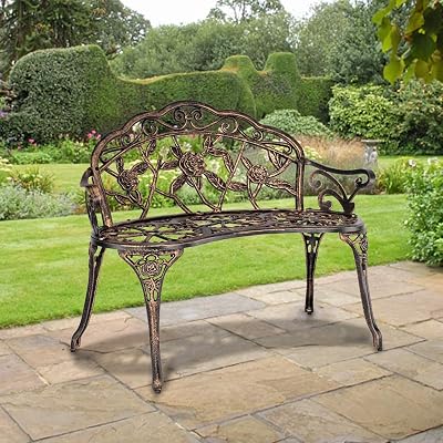 38.5in Outdoor Cast Aluminum Patio Bench,2 Person Porch Bench Chair,Weatherproof Park Benches,Outside Leisure Benches,with Curved Legs Rose Pattern,for Lawn Deck Path Entryway Backyard Bronze
