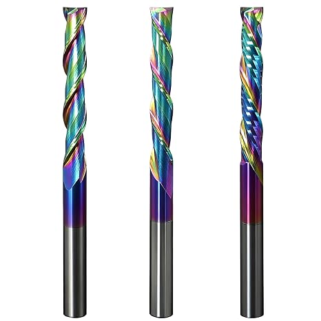 3pcs Spiral Router 1/4 Shank, Extra Long 4" OVL, 2" Cutting Length, Up Cut Downcut Compression Solid Carbide CNC Router Bits with TAC Coating End Mill for Wood, Oak, MDF, Aluminum