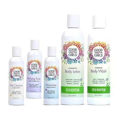 Good For You Girls GIFT SET for Face & Body Contains: Gel Cleanser, Purifying Toner, Moisturizer, Body Wash Soft Powder Scent, Body Lotion Fresh Honeydew Scent, Made in the USA | GIFT SET 5 Pieces