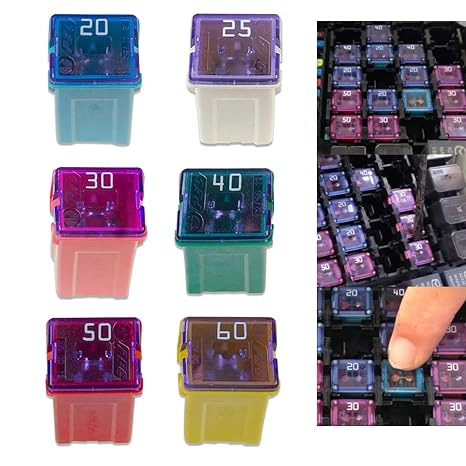 6 PCS Car Fuse Kit – 20A/25A/30A/40A/50A/60A 32V Square Blade Fuses, Auto Replacement Accessories, Compatible with Most Cars (Multicolored)