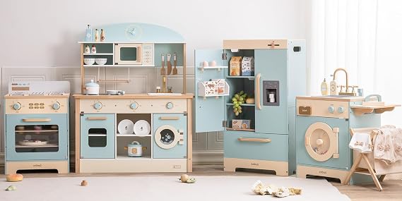 ROBUD 4-in-1 Wooden Play Kitchen Set for Kids, Fridge Oven Washer | 4-in-1 wooden toy kitchen with fridge, oven, washer & ice maker, inspiring creative pretend play with accessories