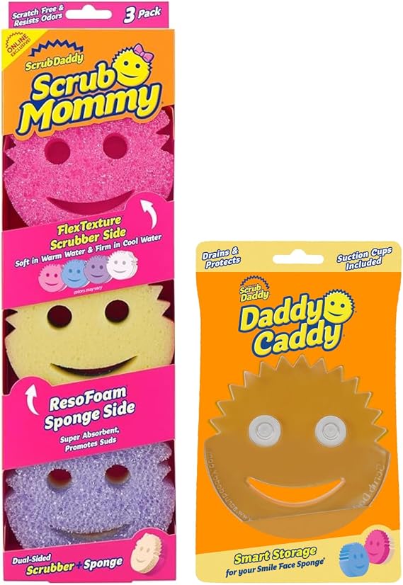 Scrub Daddy Scrub Mommy Colors 3ct + Daddy Caddy - Scratch-Free Multipurpose Dish Sponge + Sponge Holder - BPA Free & Made with Polymer Foam - Stain & Odor Resistant Kitchen Sponge