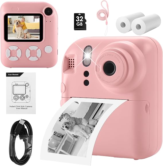 Kids Camera Instant Print,Toys for Gifts Ages 3-12 Boys Girls Christmas Birthday,Selfie Digital Camera with 1080P Videos with 32GB Card,Toddler Portable Travel Camera