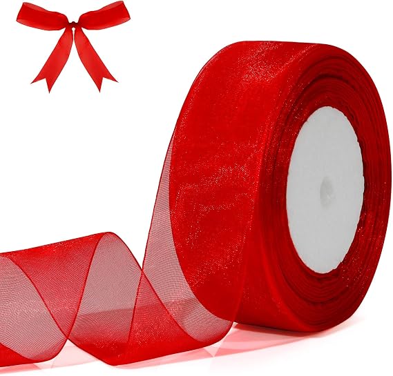 Red 1 1/2 Inch Sheer Organza Ribbon - 50 Yards Chiffon Tulle for Gift Wrapping, Halloween, Christmas, Crafts, Flower Bouquet, Hair Bows, Wedding