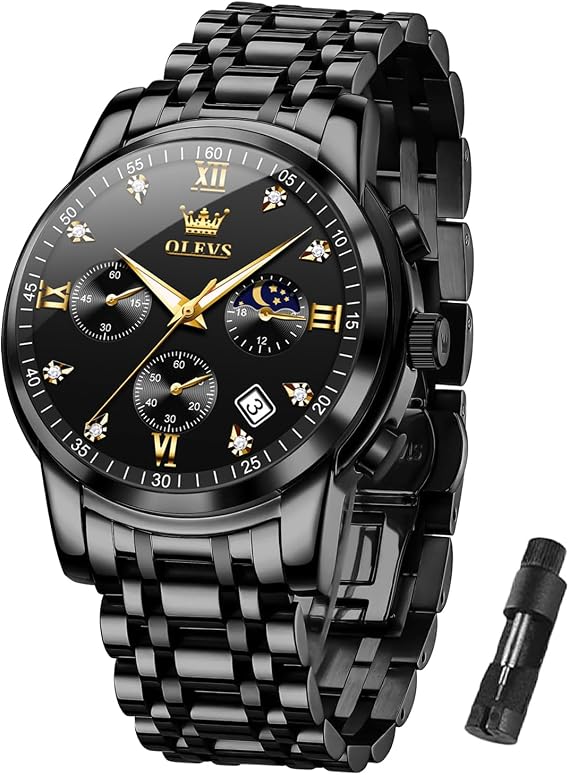 OLEVS Men's Waterproof Quartz Watch, Chronograph Stainless Steel Analog Watch for Men Functional Dial with Date Diamond Luminous Business