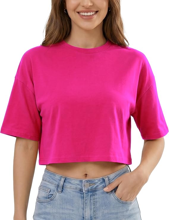 Women's Basic Crop Top Drop Shoulder T Shirt Half Sleeve Cropped Tee Crewneck Short Sleeve Casual Summer Solid Crop Tops