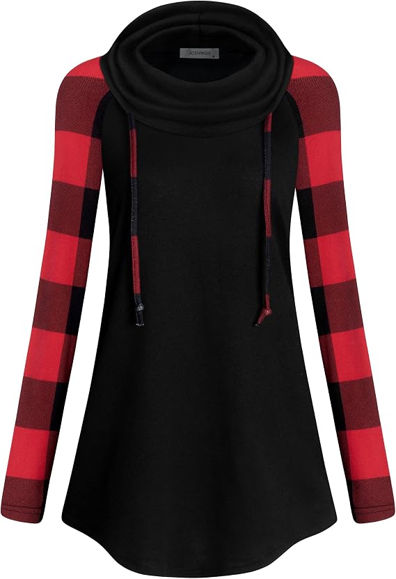 Women's Cowl Neck Asymmetric Hem Colorblock Tunic Tops