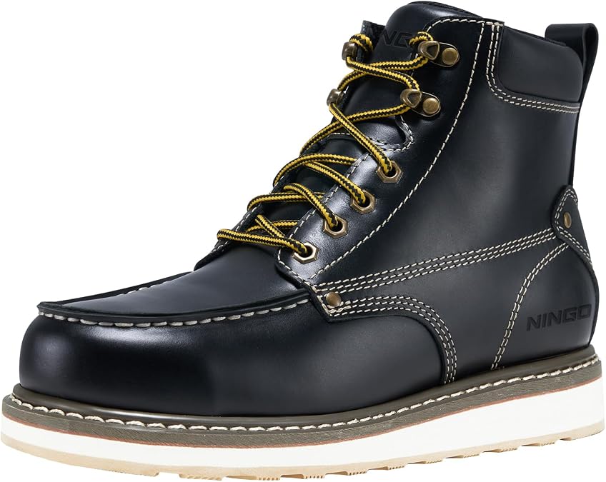 NINGO Steel/Soft Toe Work Boots for Men, Slip Resistant Moc Toe Work Shoes
