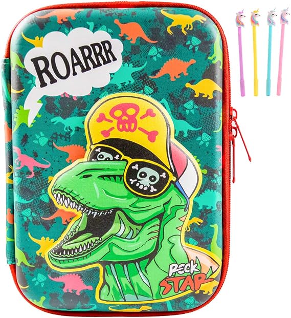 Wepop Pencil Case EVA T-rex Dinosaur Pen Pouch Holder Bag Big Capacity Desk Organizer Storage Marker Box Stationary Double Zippers for School Office Students Teen (Green)