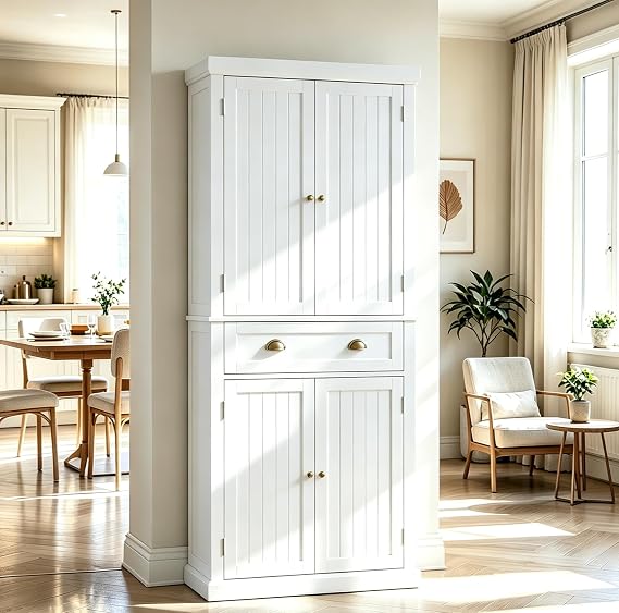 KIGOTY 72" Freestanding Pantry Storage Cabinets, Tall Kitchen Pantry Cabinet with Drawer and 4 Adjustable Shelves, Wood Cupboard Pantry Cabinet for Kitchen, Living Room, Bathroom, Off White