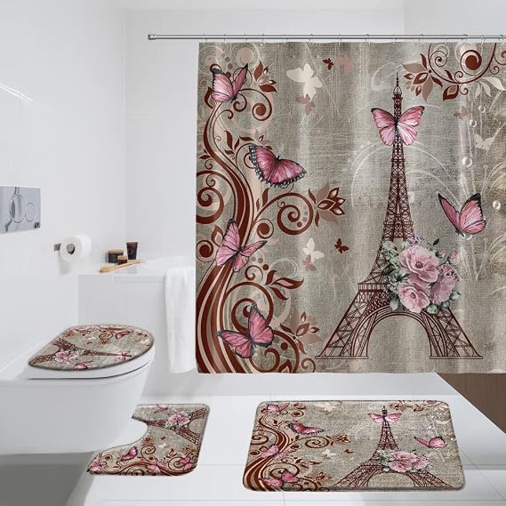 QZJDX 4 pcs Paris Shower Curtain Set for Bathroom Vintage Eiffel Tower with Flower Butterfly Rustic Brown Pink Decor Fabric Bath Curtains with Rugs Toilet Lid Cover and Bath Mat