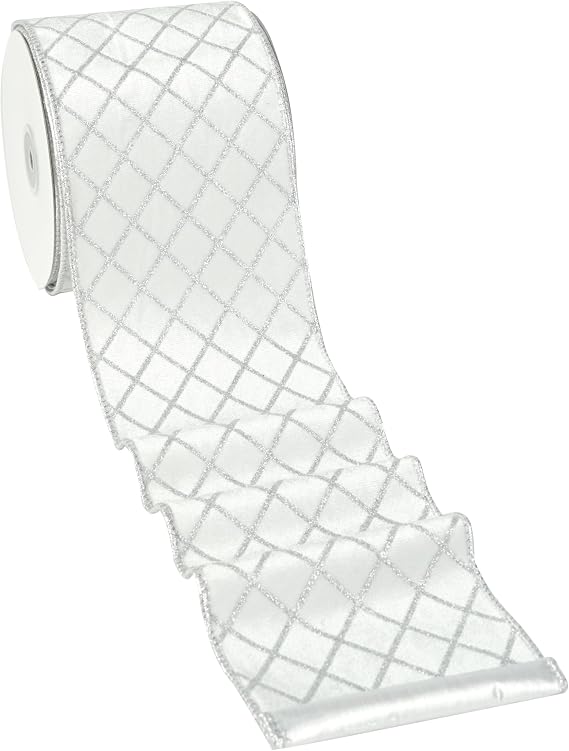 MAYREEL White and Silver Velvet Wired Ribbon 4 Inch 10 Yards