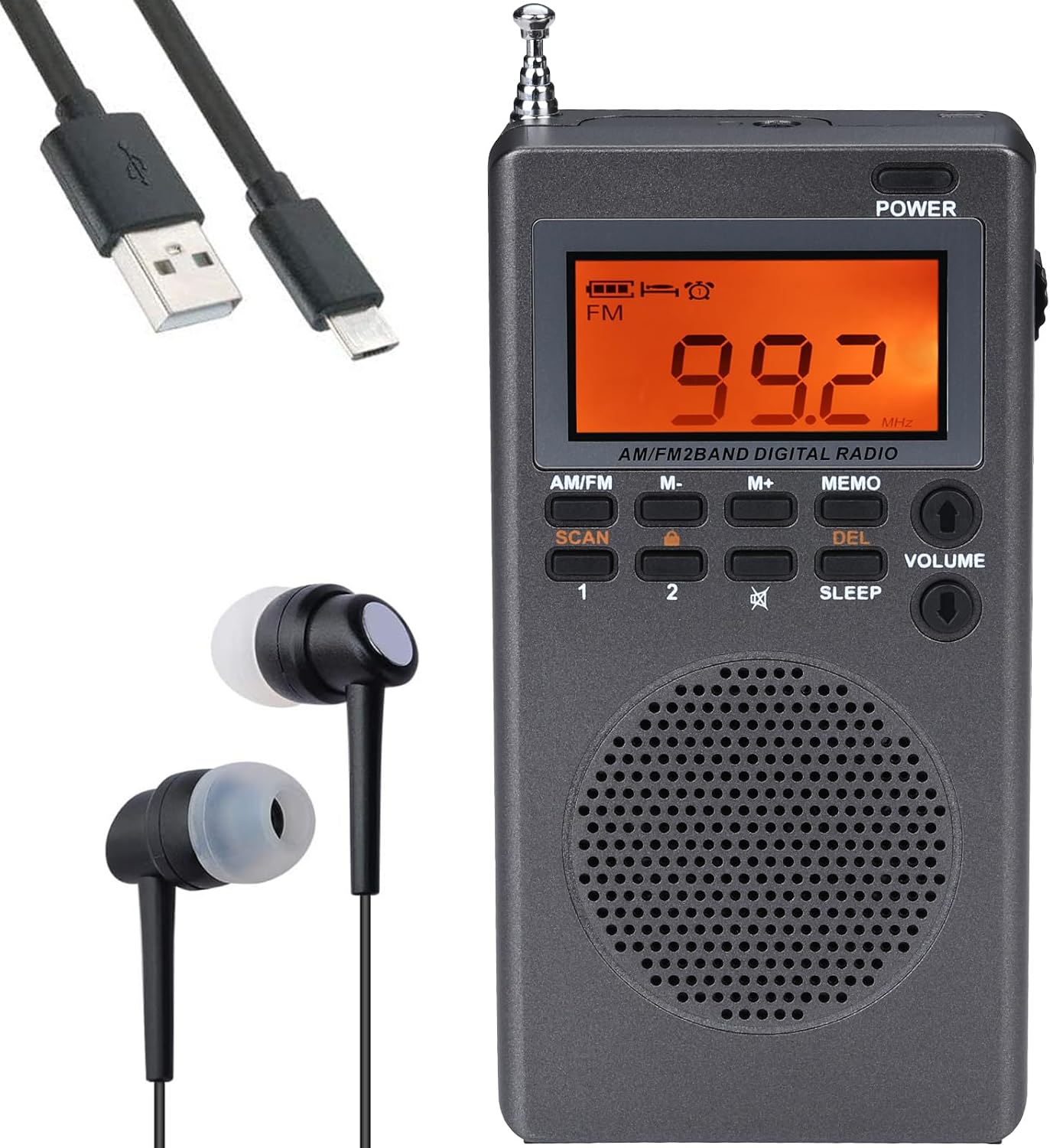 HRD-903 Portable Radio, Battery Operated, Small, Wide FM Compatible, FMAM Stereo Compatible, 58 Stations Memory, Clock and Timer and Alarm Function, Great for Disaster Prevention, Outdoors,