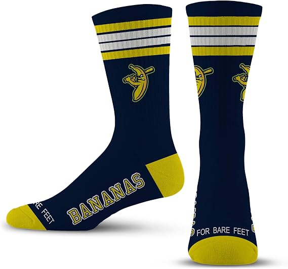 For Bare Feet SAVANNAH BANANAS 4 Stripe Deuce Crew Sock Team Colors YOUTH