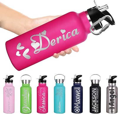 Personalized Water Bottles with Names Straw Lid Custom Water Bottle Engraved Insulated Stainless Steel Bottles Customized Gifts for School Sports Double Wall, Icon